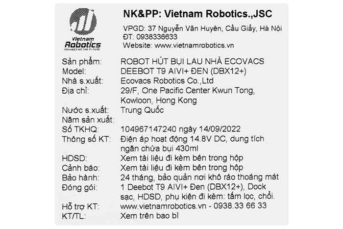 Robot hút bụi lau nhà Ecovacs Deebot T9 AIVI Plus Màu Đen