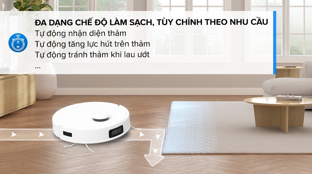 Robot hút bụi lau nhà Ecovacs T10 có thể dọn dẹp hiệu quả trên các loại mặt sàn, thảm,...