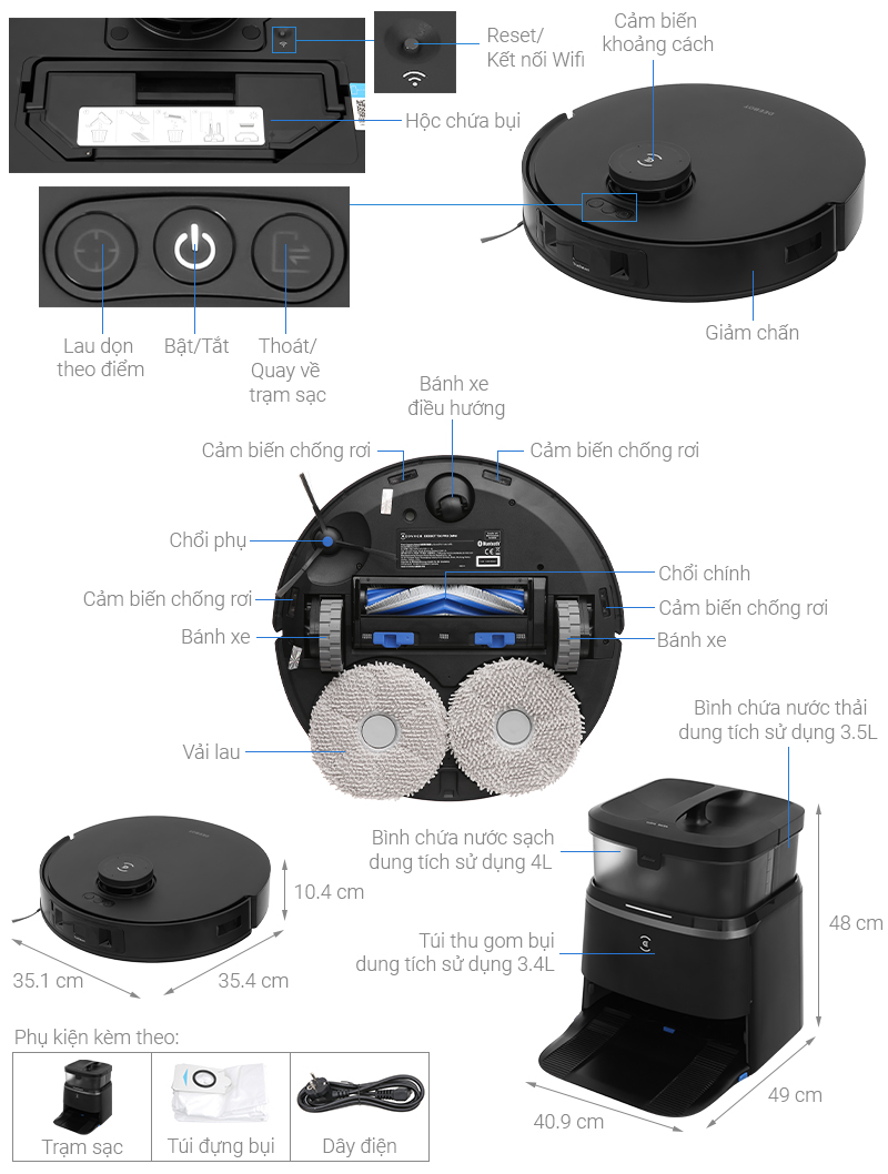 Robot hút bụi lau nhà Ecovacs T30 PRO OMNI - Đen