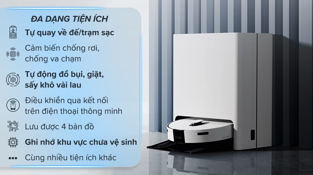 Robot hút bụi lau nhà Samsung VR7MD96514G/SV được trang bị cảm biến chống rơi, chống va chạm giúp robot thuận tiện di chuyển