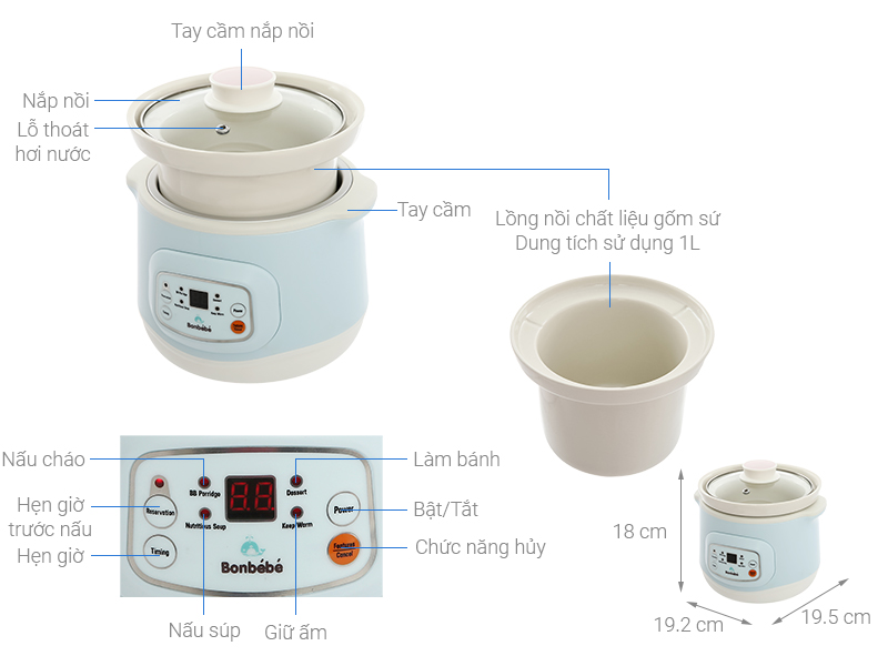 Nồi nấu chậm Bonbébé 1 lít BB-38 Xanh