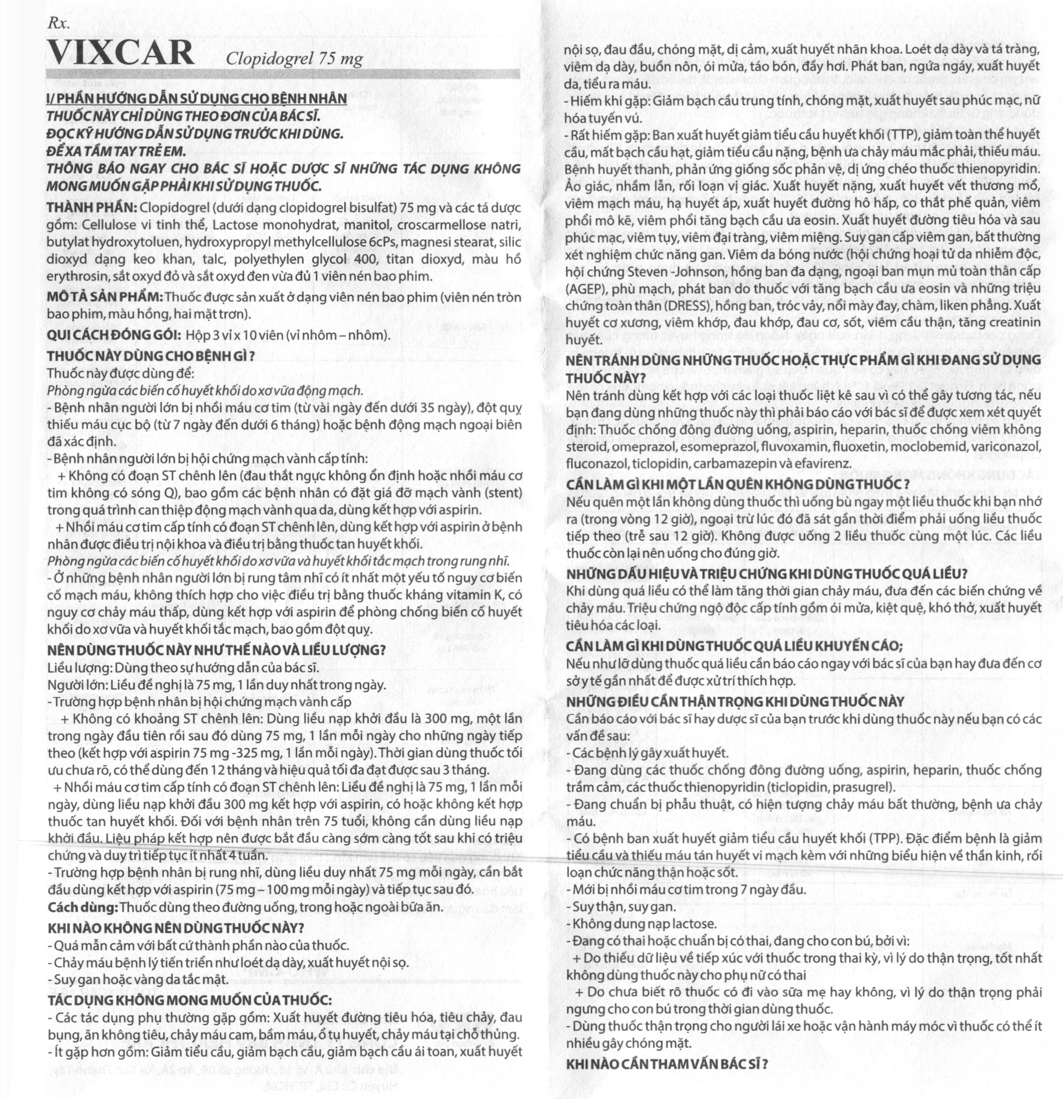 Vixcar 75mg phòng huyết khối, đột quỵ