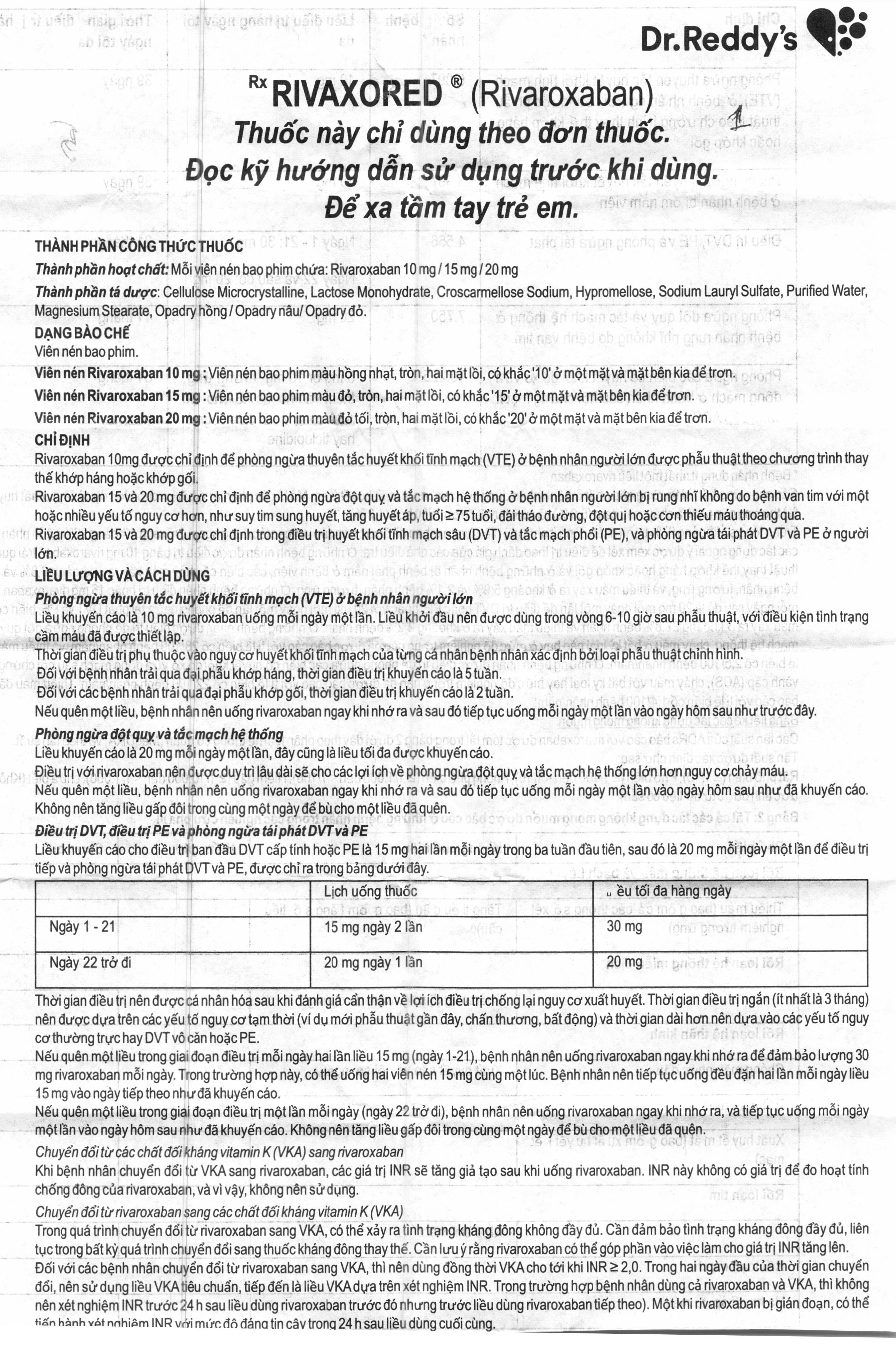 Rivaxored 10mg phòng và trị huyết khối