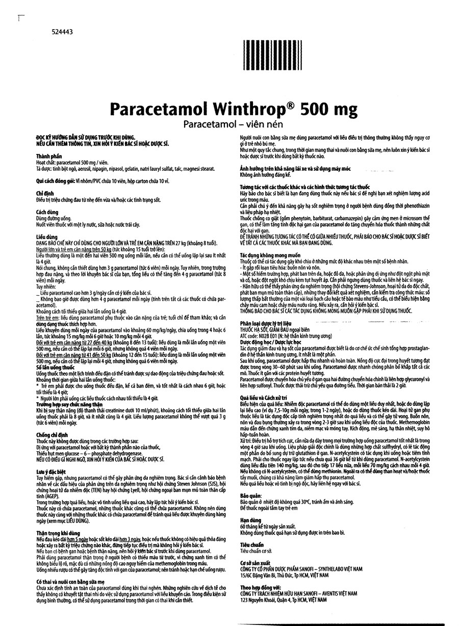 Paracetamol Winthrop 500mg giảm đau, hạ sốt