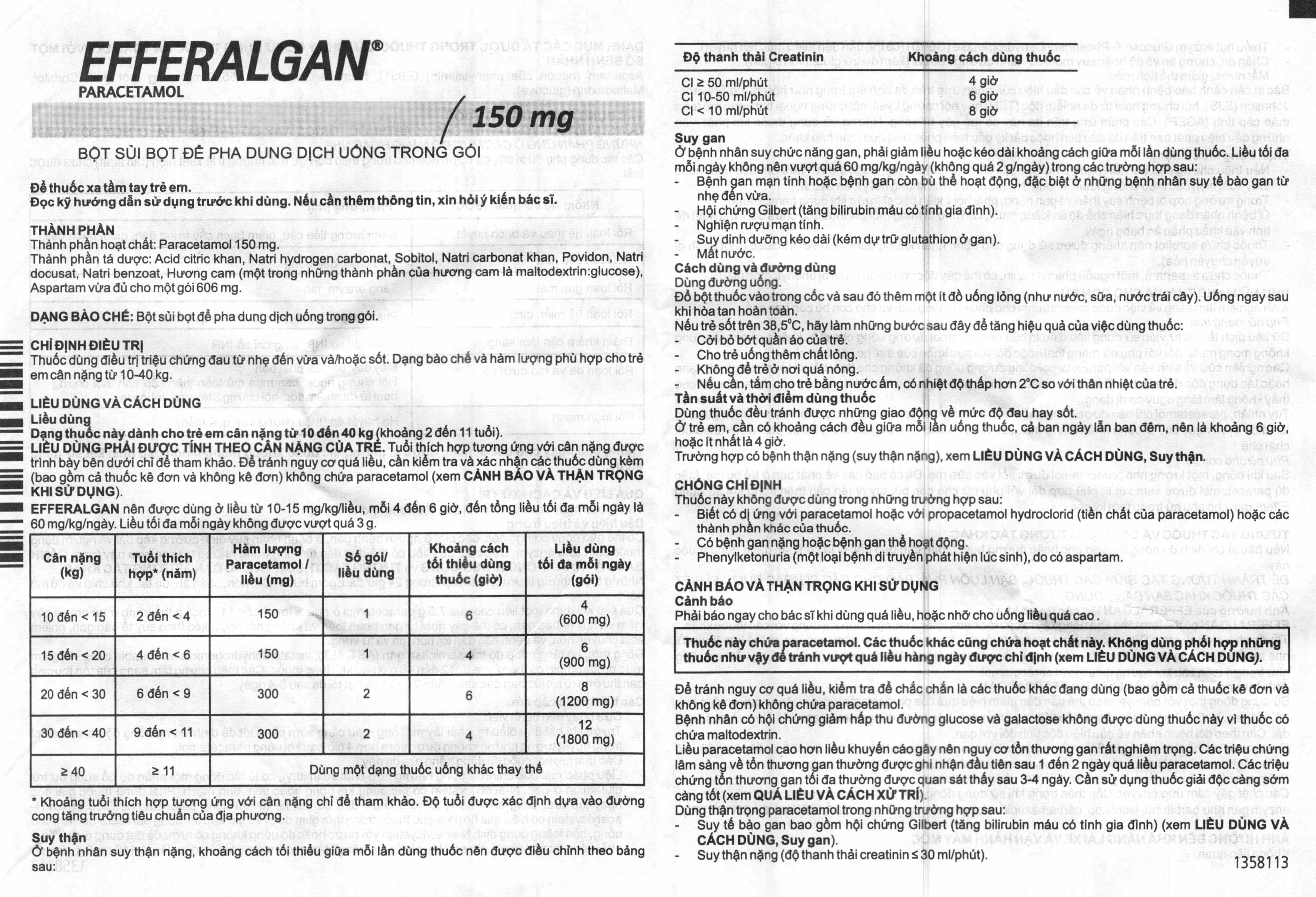 Thuốc Efferalgan 150mg hộp 12 gói-Nhà thuốc An Khang