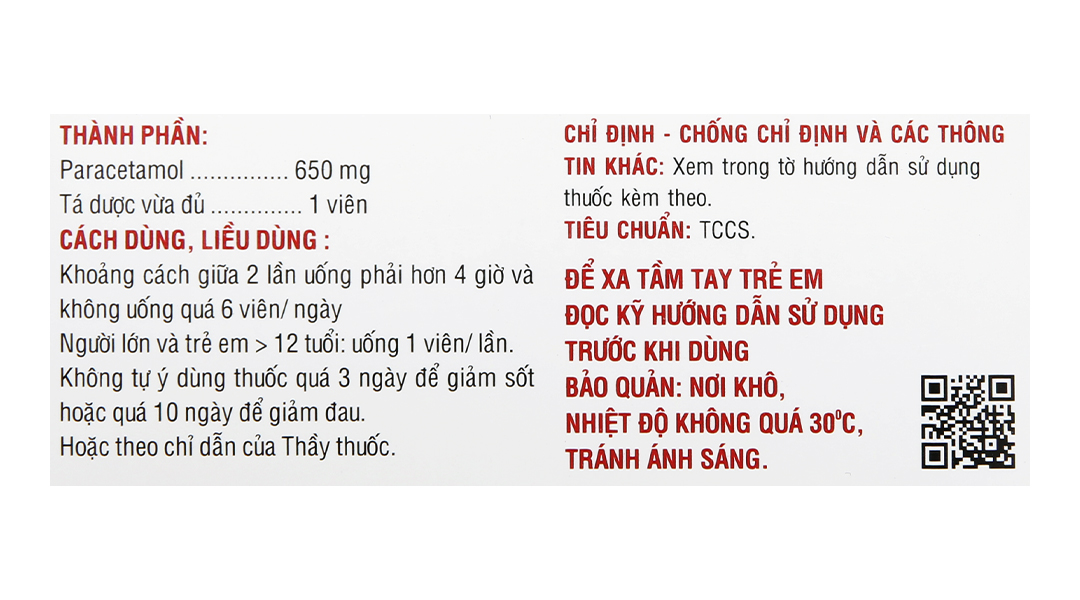 Hapacol 650 giảm đau, hạ sốt