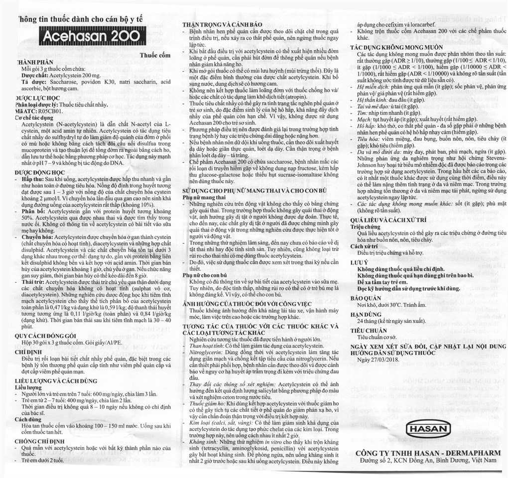 Thuốc cốm Acehasan 200 tan đàm trong bệnh lý hô hấp