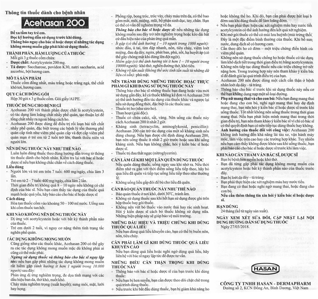 Thuốc cốm Acehasan 200 tan đàm trong bệnh lý hô hấp
