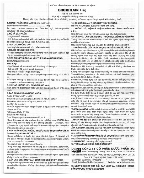 Bromhexin F.T Pharma 4mg tan đàm trong bệnh lý hô hấp