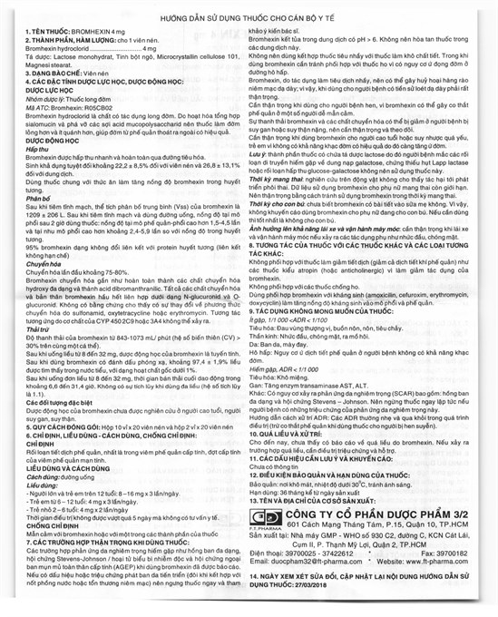Bromhexin F.T Pharma 4mg tan đàm trong bệnh lý hô hấp