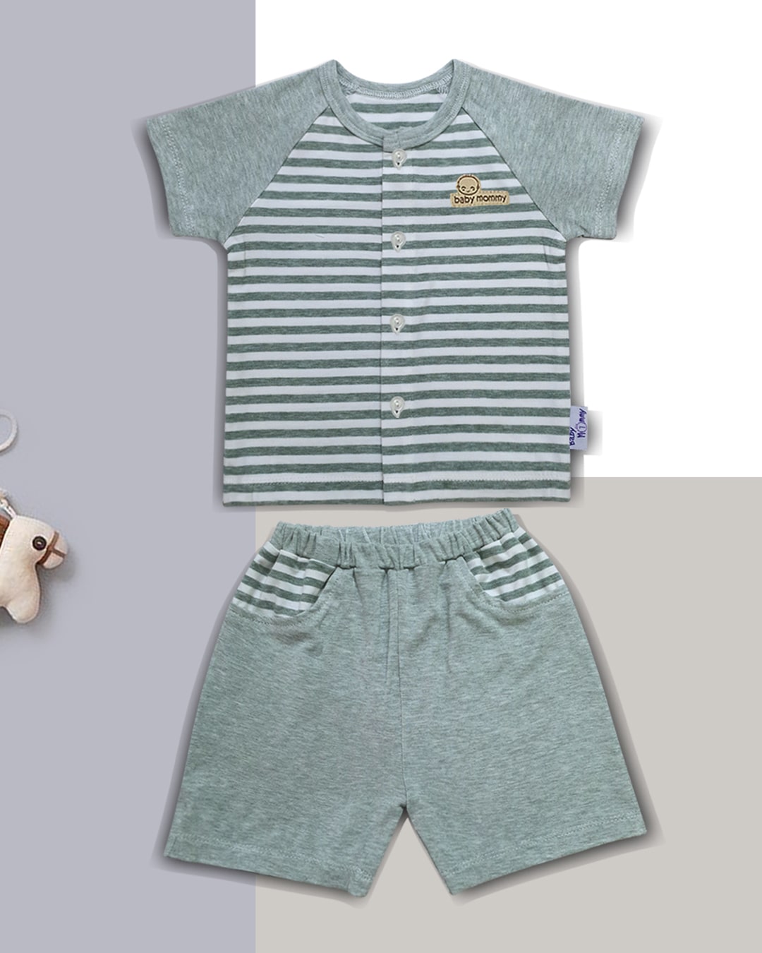Bộ tay ngắn cài giữa sọc ngang bé trai BabyMommy - Màu ngẫu nhiên 2