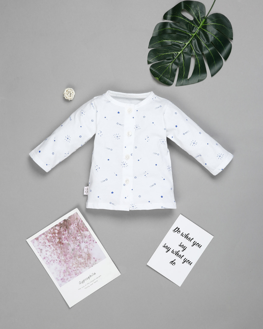 Bộ tay dài cotton IQ Baby màu trắng in sao băng xanh