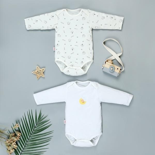 Combo 2 Bodysuit Tay Dài In Gấu Xám Và Em Bé Iq Baby Màu Trắng