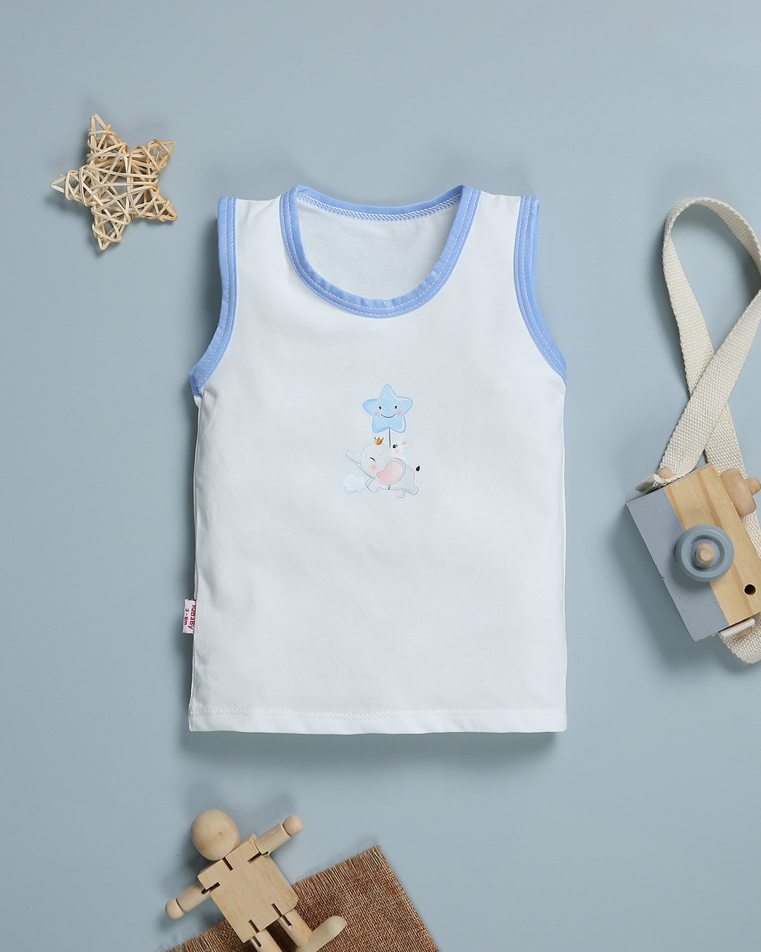 Bộ sát nách cotton IQ Baby màu trắng viền xanh