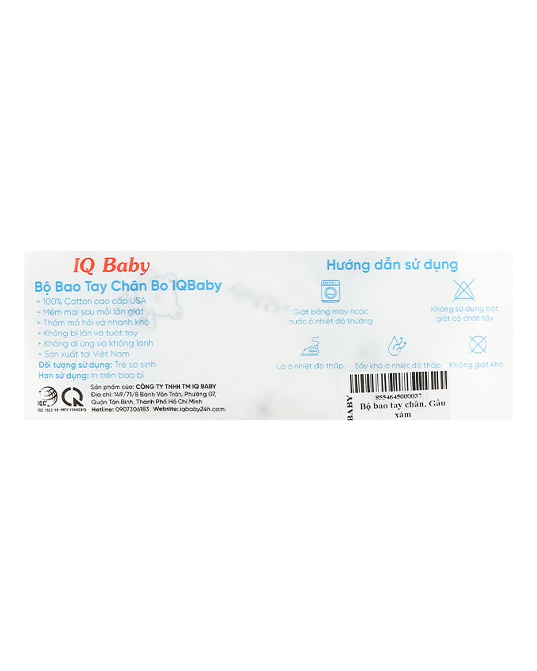 Bộ bao tay, bao chân in gấu xám IQ Baby màu trắng (0 - 3 tháng) 10