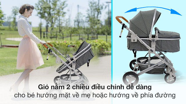 Giỏ nằm hai chiều - Xe đẩy cho bé HAKAWA HK-B02 (0 - 3 tuổi) - Màu xám