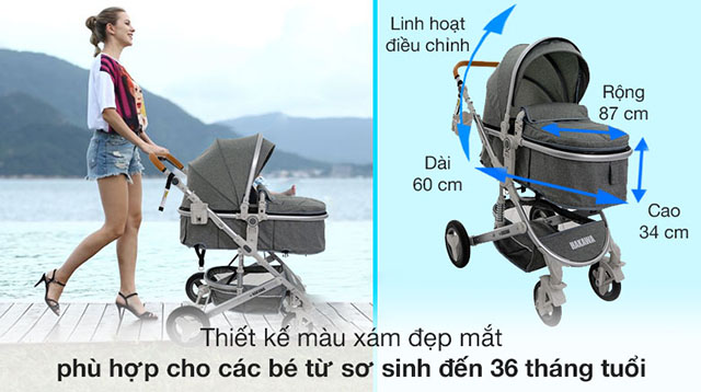 Điều chỉnh được nhiều tư thế - Xe đẩy cho bé HAKAWA HK-B02 (0 - 3 tuổi) - Màu xám