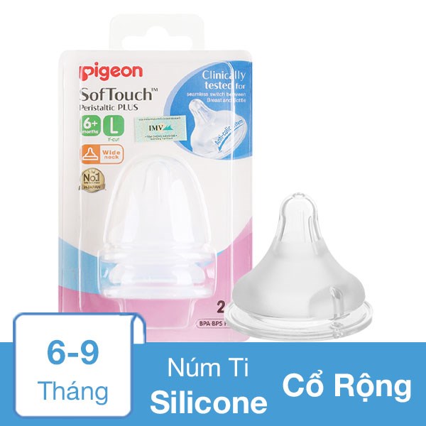 Bộ 2 núm ti Pigeon siêu mềm Plus SofTouch cổ rộng size L (6 – 9 tháng)