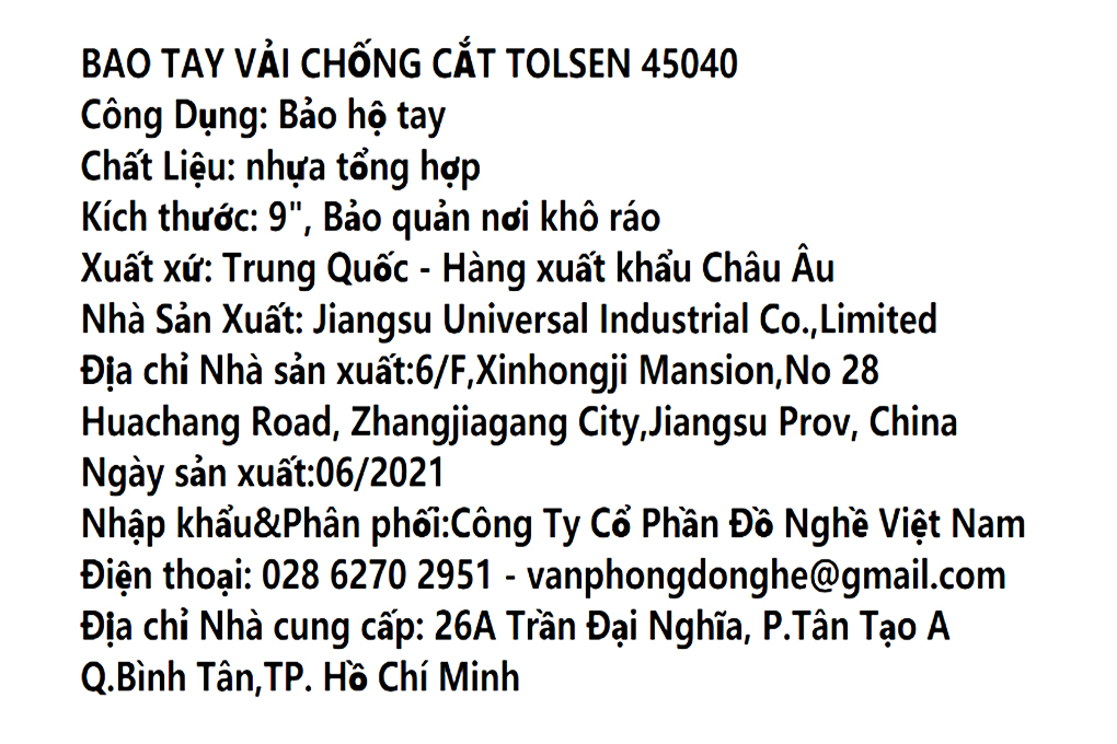 Bao tay vải chống cắt Tolsen 45040 Màu Xám