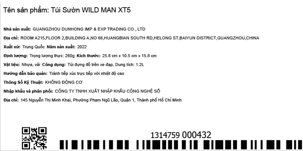 Túi sườn xe đạp Wild Man XT5 Đen