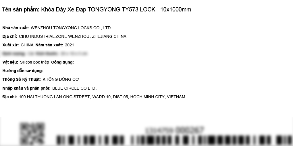Khóa dây xe đạp Tongyong TY573 - 10x1000mm