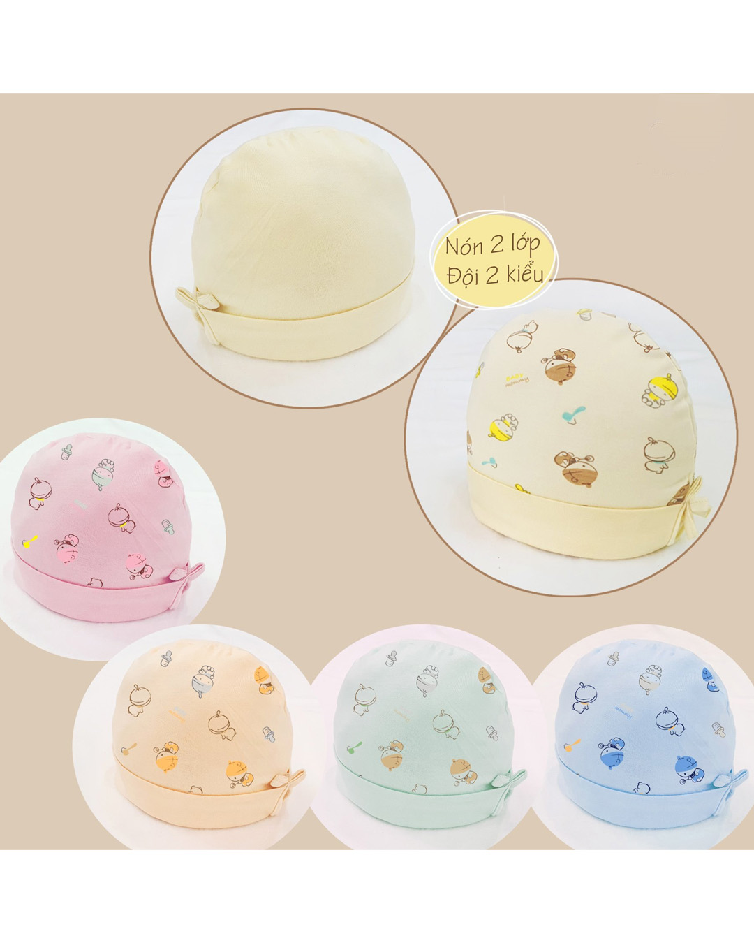 Set nón, bao tay bao chân BabyMommy 2 lớp in họa tiết em bé - Màu ngẫu nhiên (0 - 3 tháng)
