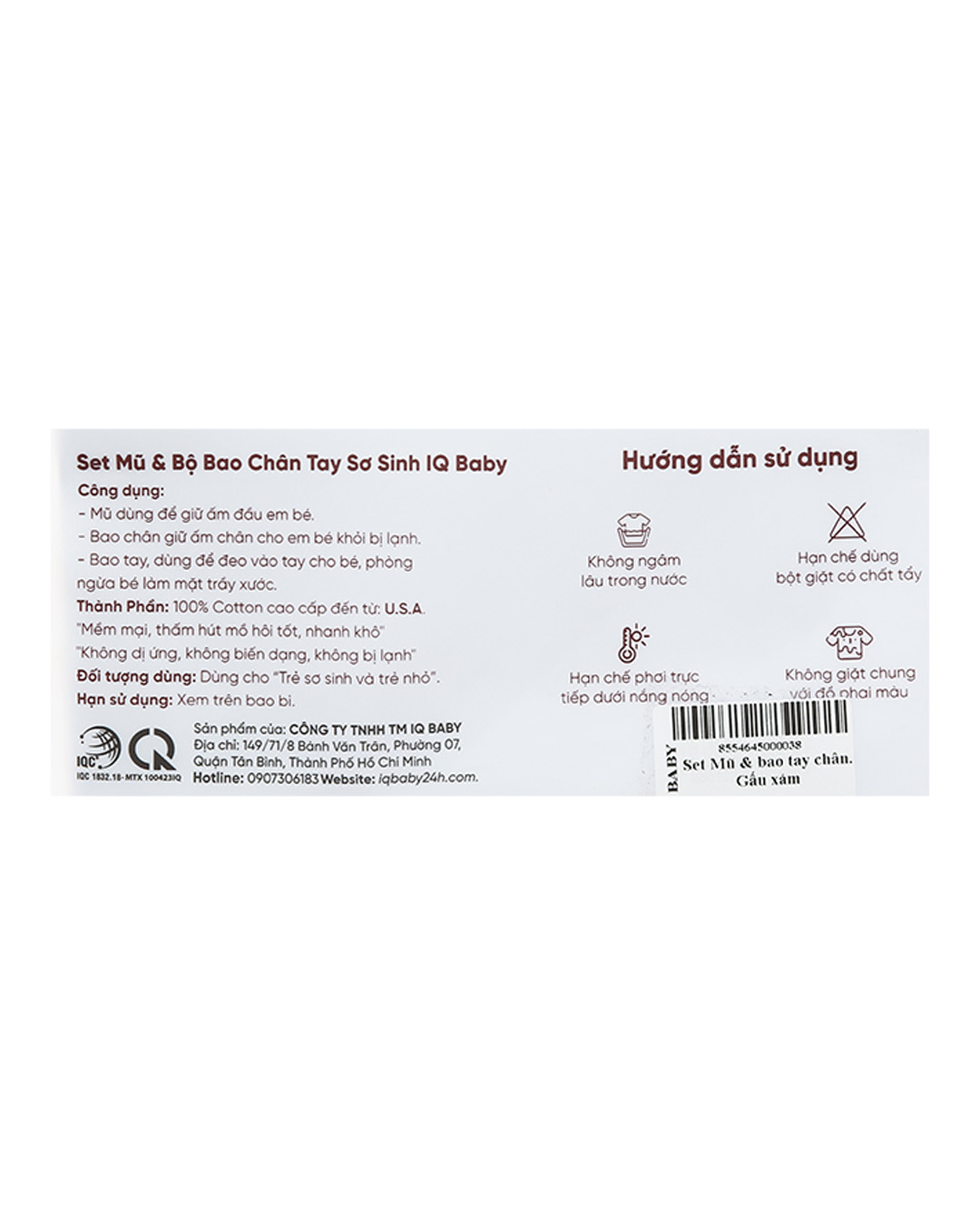 Set nón, bao tay bao chân in gấu xám IQ Baby màu trắng (0 - 3 tháng) 10
