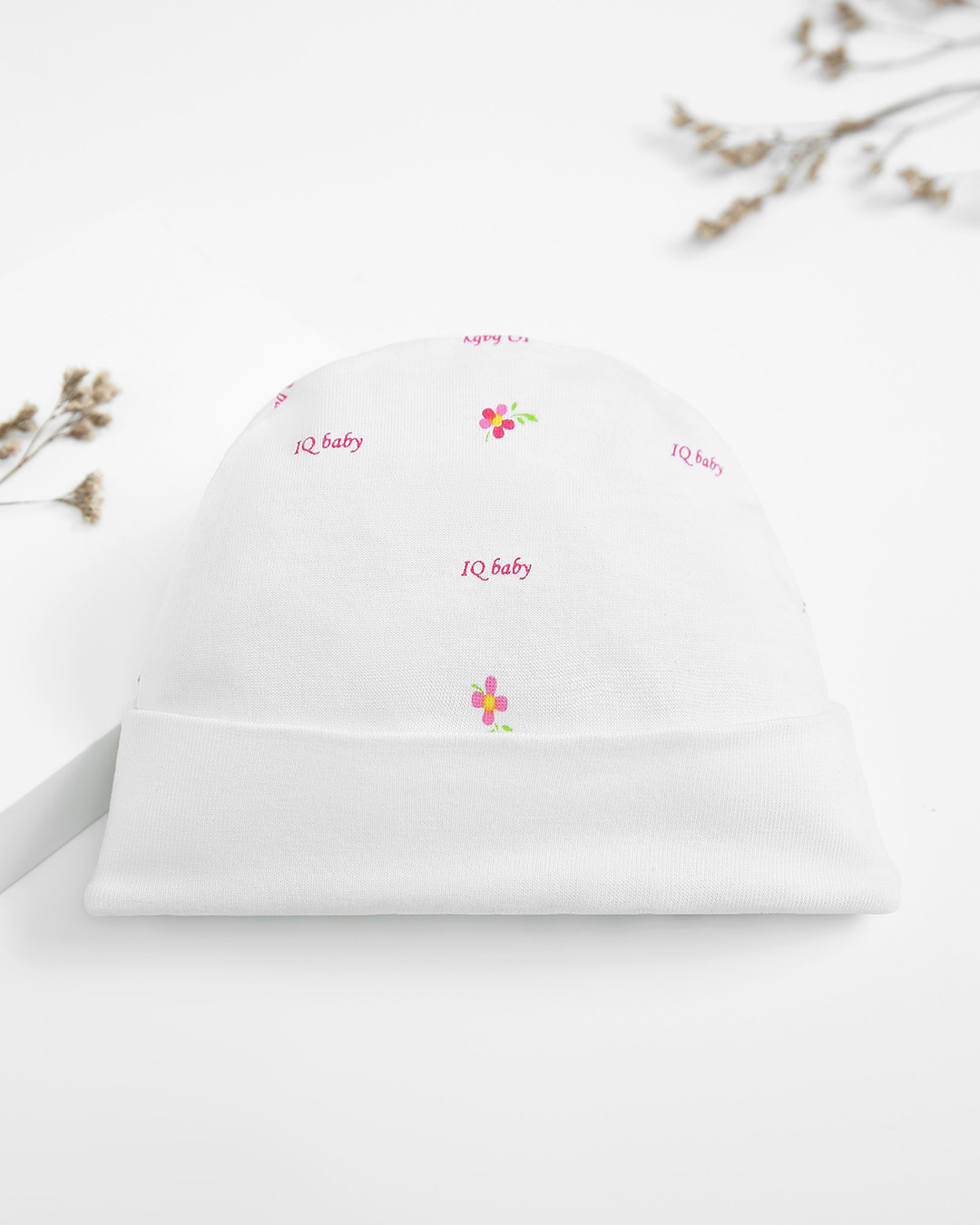 Set nón, bao tay bao chân in hoa hồng IQ Baby màu trắng (0 - 3 tháng)