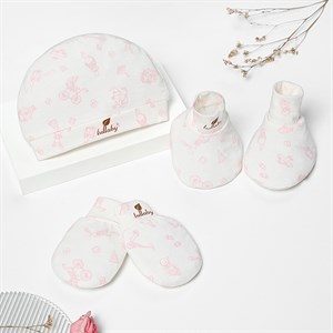 Set nón, bao tay bao chân sợi tre Lullaby NH847R màu trắng in hình hồng