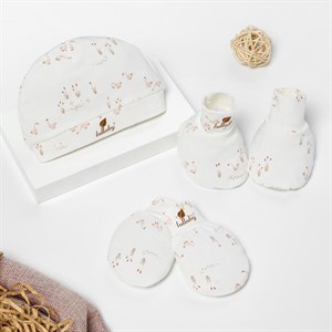 Set nón, bao tay bao chân sợi tre Lullaby NH847R màu trắng in ngỗng