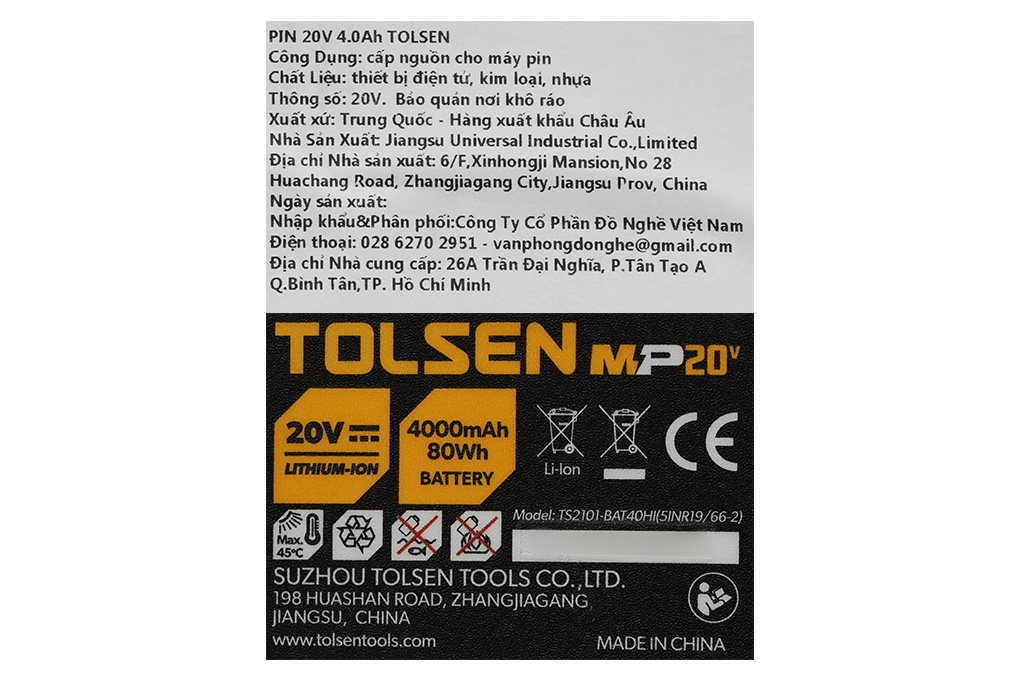 Pin Tolsen 87474 20V 4.0 Ah Màu Đen - Vàng