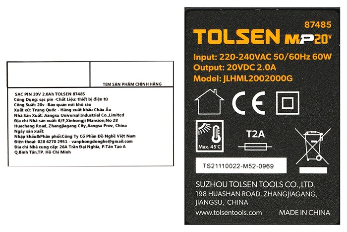 Sạc pin Tolsen 87485 20V 2.0 Ah Màu Đen - Vàng
