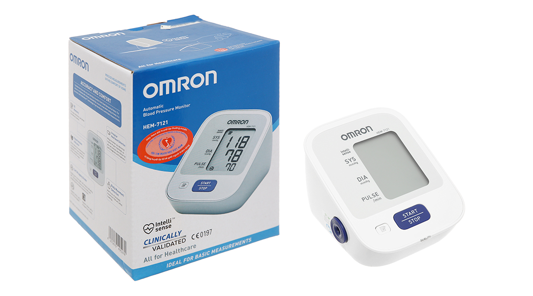 Máy đo huyết áp Omron Hem-7121 có được bảo hành không và trong thời gian bao lâu?