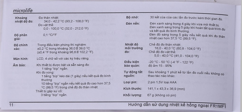 Nhiệt kế hồng ngoại đo trán Microlife FR1MF1 - 20