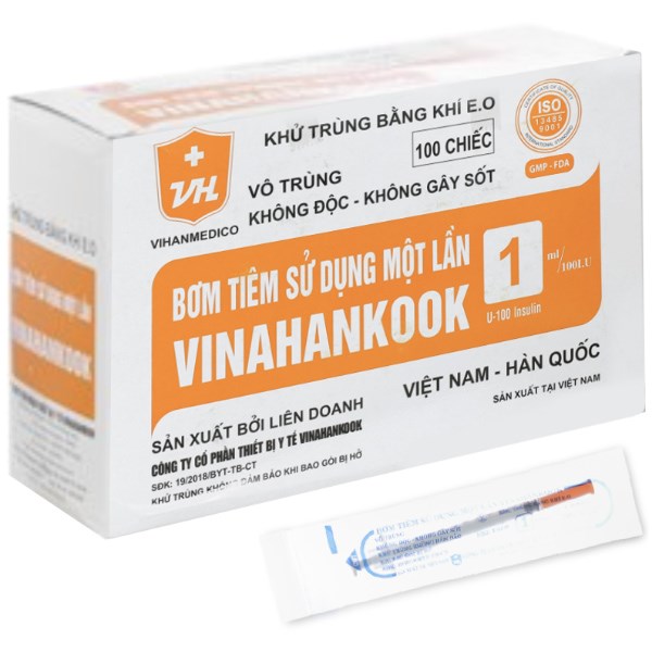 Bơm kim tiêm Insulin Vinahankook (1ml/100IU) hộp 100 cái