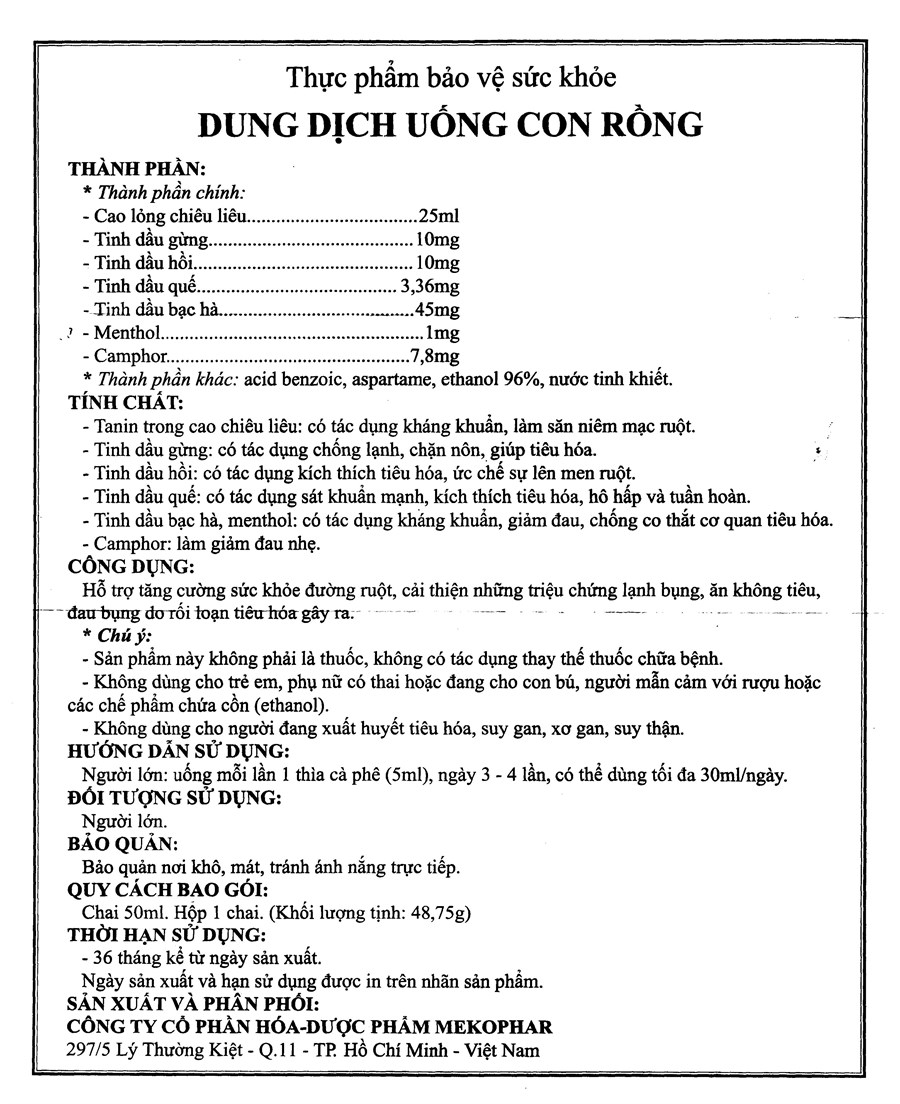 Dung dịch uống Con Rồng hỗ trợ giảm lạnh bụng, đau bụng