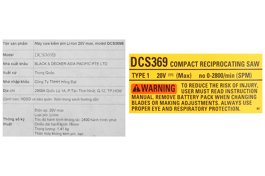 Máy cưa kiếm pin Dewalt DCS369B 20V (không kèm pin, sạc) Màu Đen - Vàng