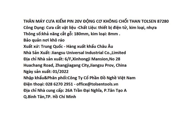 Máy cưa kiếm pin Tolsen 87280 20V (Không kèm pin, sạc)