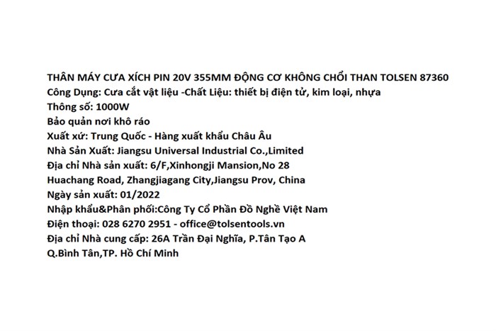 Máy cưa xích pin Tolsen 87360 20V (không kèm pin sạc)