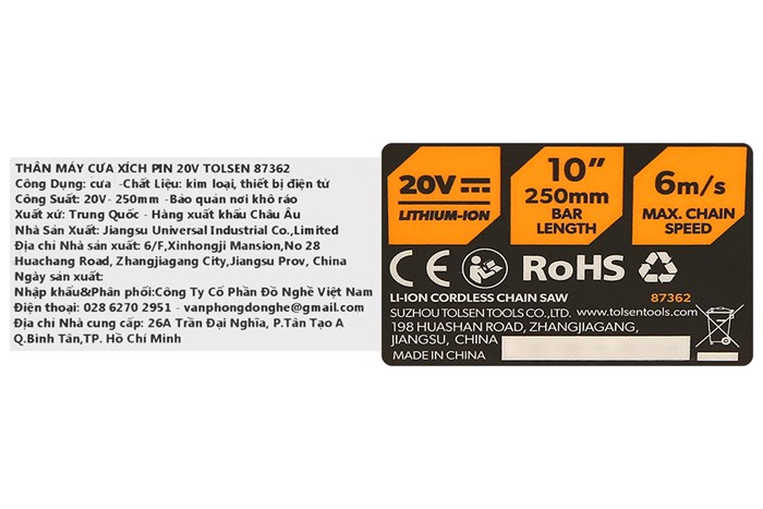 Máy cưa xích pin Tolsen 87362 20V (không kèm pin sạc) Màu Đen - Vàng
