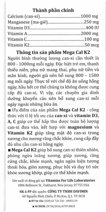 Mega-Cal K2 bổ sung canxi và vitamin