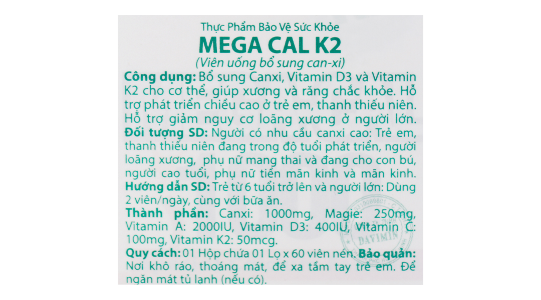 Mega-Cal K2 bổ sung canxi và vitamin