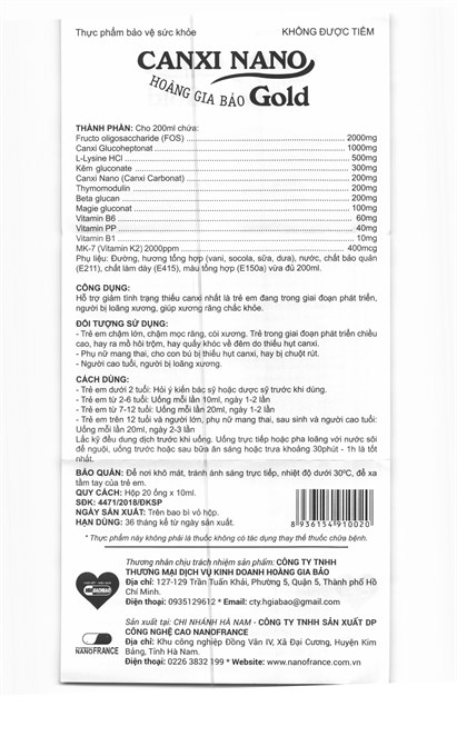 Dung dịch Canxi Nano Gold Hoàng Gia Bảo hỗ trợ chắc khỏe xương
