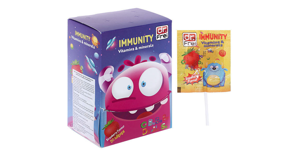 Kẹo mút Immunity Vitamins & Minerals vị dâu bổ sung vitamin và canxi