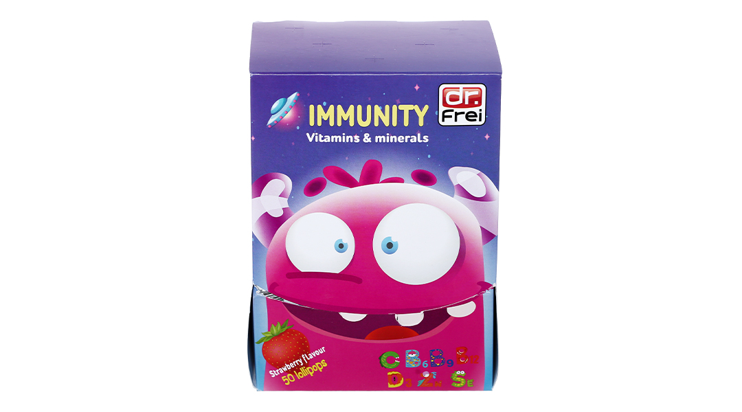 Kẹo mút Immunity Vitamins & Minerals vị dâu bổ sung vitamin và canxi
