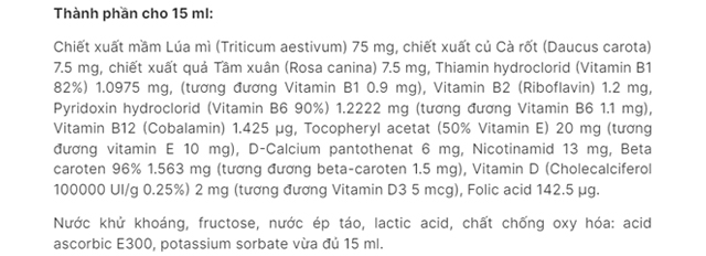 Thành phần siro Fitobimbi Vitemix bổ sung vitamin 200 ml (từ 2 tuổi)