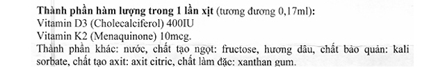 Thành phần - Lọ xịt HealthyPlex D3K2 hỗ trợ hấp thu canxi 10 ml (từ 0 tháng) Thành phần - Lọ xịt HealthyPlex D3K2 hỗ trợ hấp thu canxi 10 ml (từ 0 tháng)