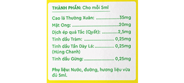 Thành phần siro mật ong Kentek Prosbee bổ phế, hỗ trợ giảm ho 100 ml (từ 2 tuổi)