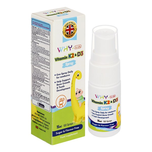 Why - Kids Vitamin K2&D3 Hỗ Trợ Hấp Thu Canxi, 15 Ml Dạng Xịt (Từ 0 Tháng)