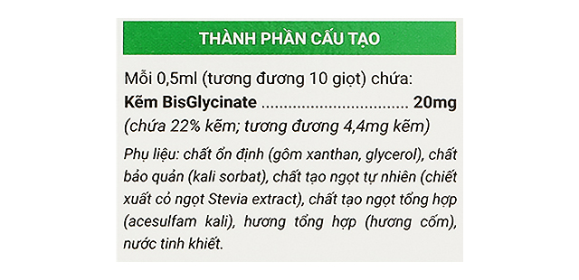 Thành phần - Siro Avisure Zio bổ sung kẽm hỗ trợ ăn ngon, tăng đề kháng 20 ml (từ 6 tháng)